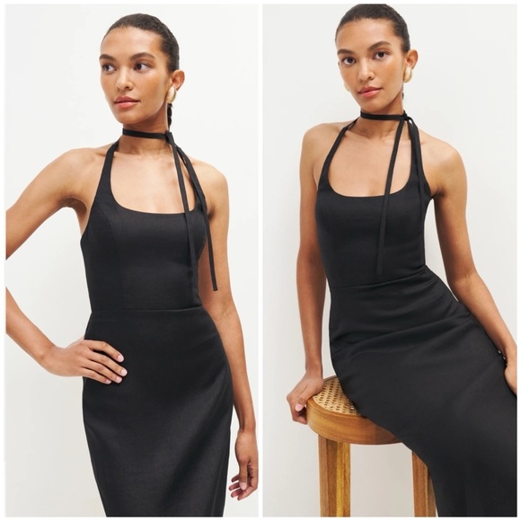 💋Reformation linen Black Backless Halter Sheath Dress size 8 - Picture 4 of 14